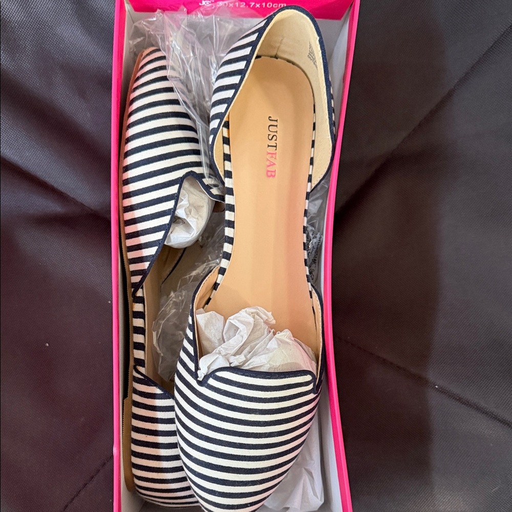 JustFab Navy and White Striped Pointed-Toe Flats